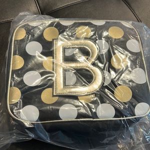 Girls Justice initial B Lunchbox white black, gold polkadot stripes